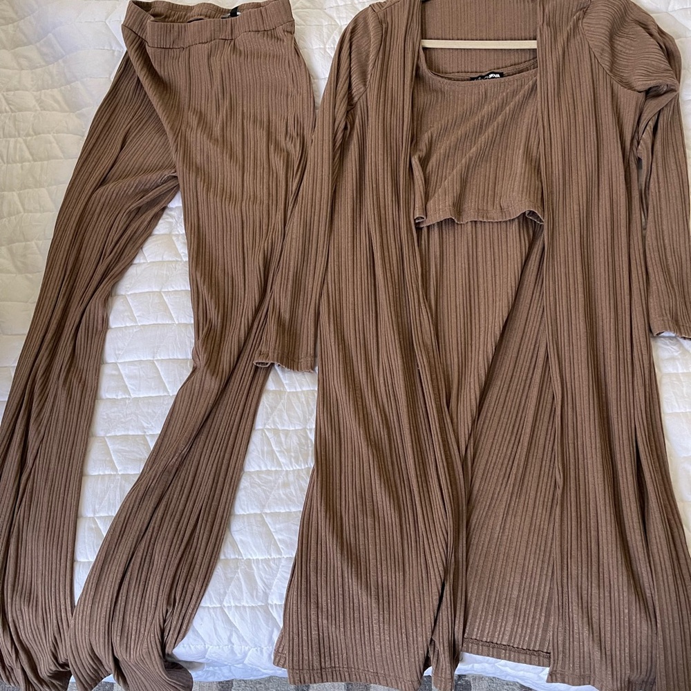 Women's Brown Ribbed Pants & Jumpsuit Set